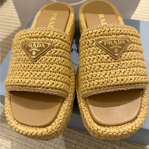 Prada Beige Raffia Platform Slide Sandals - Picture 4 of 6